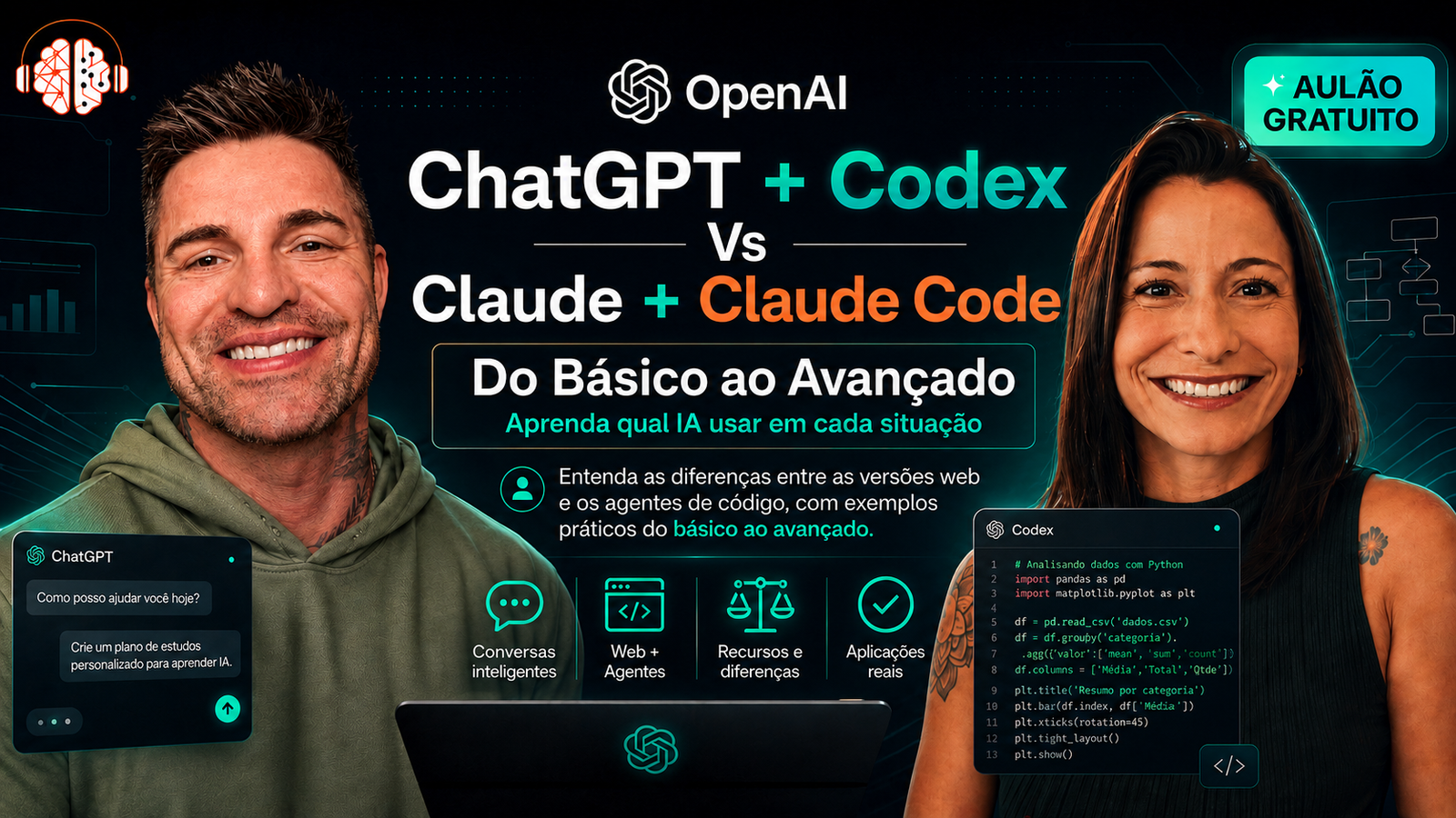 Aulão gratuito ChatGPT + Codex vs Claude + Claude Code, do básico ao avançado