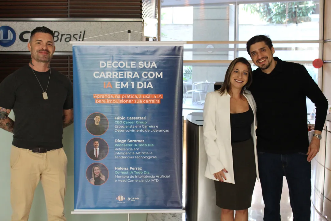 Diego e Helena em evento Decole sua Carreira com IA