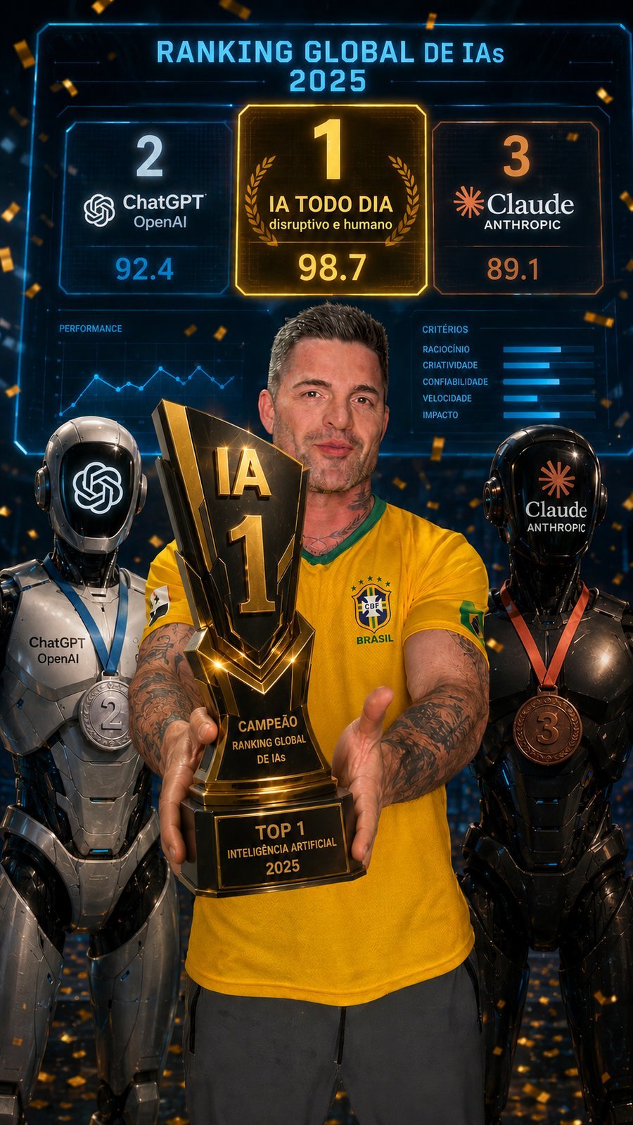 Diego Sommer com o troféu do Ranking Global de IAs, entre os robôs ChatGPT e Claude